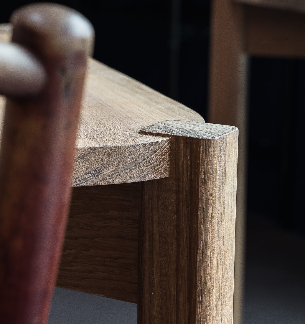 Close up of traditional joinery on tables at Fat Macy’s