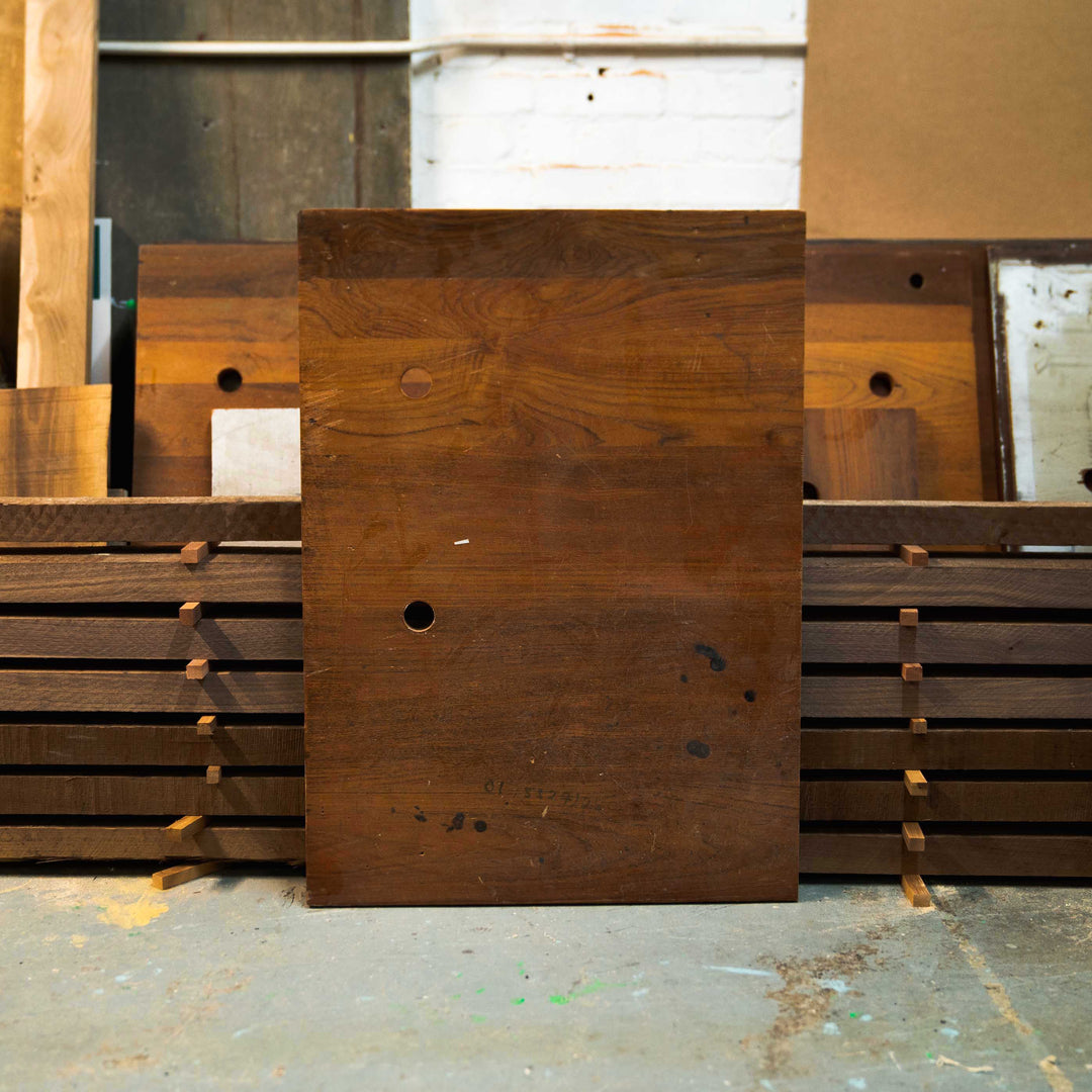 Salvaged teak in Goldfinger's wood workshop.