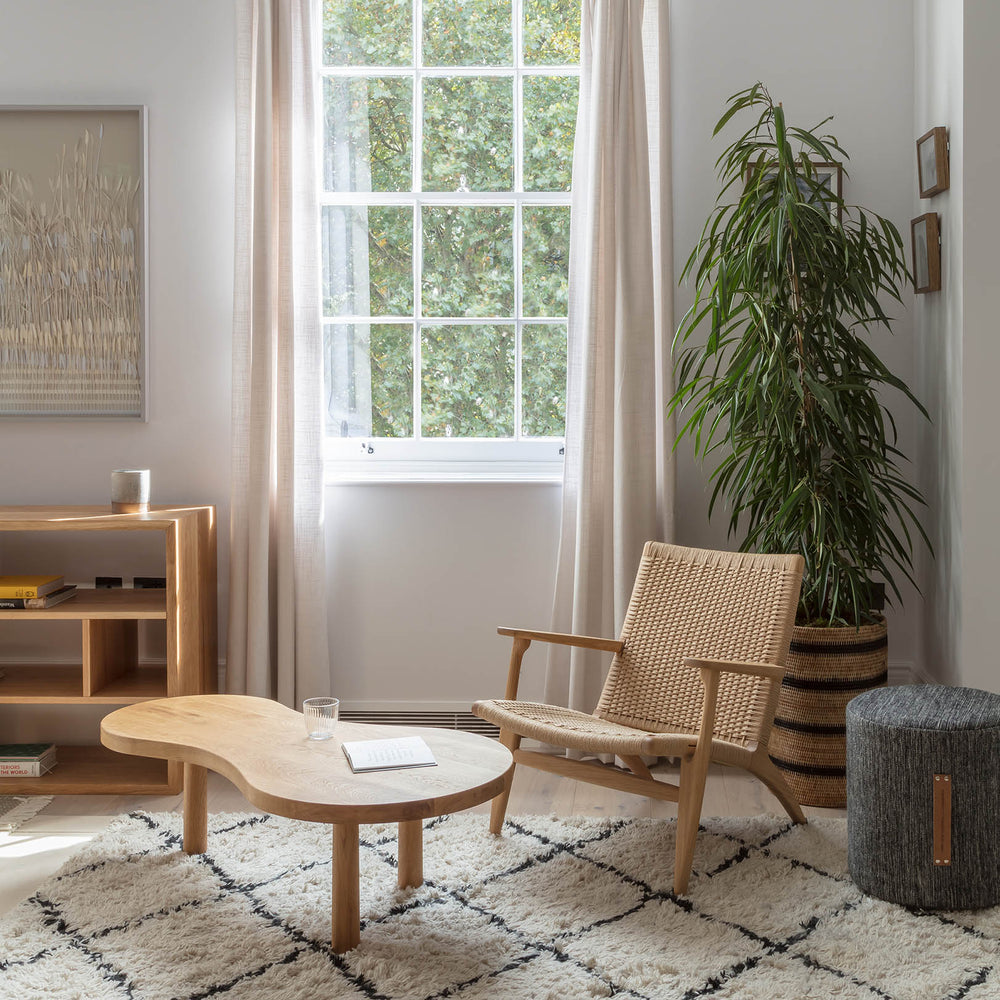 Goldfinger x Inhabit Hotels curved coffee table made from sustainable oak, handcrafted, Nicholas Worley photo credit