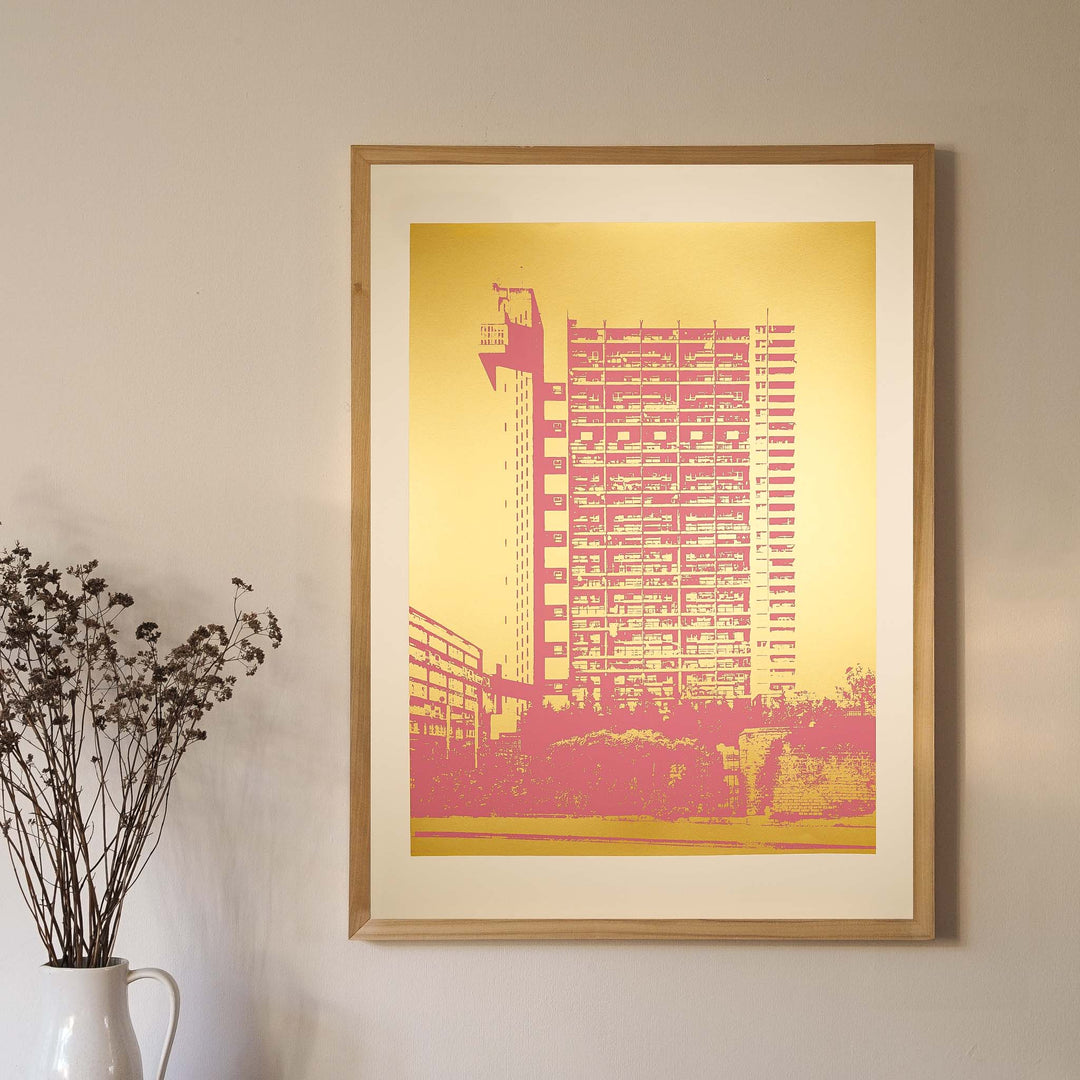 Trellick screen print - gold/pink - large