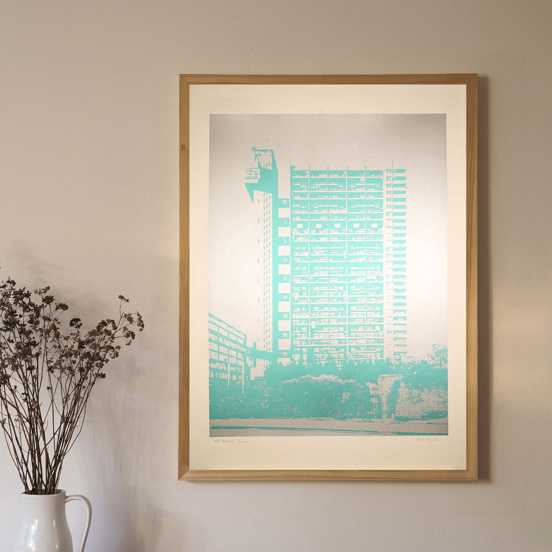 Trellick screen print - silver/light blue - large