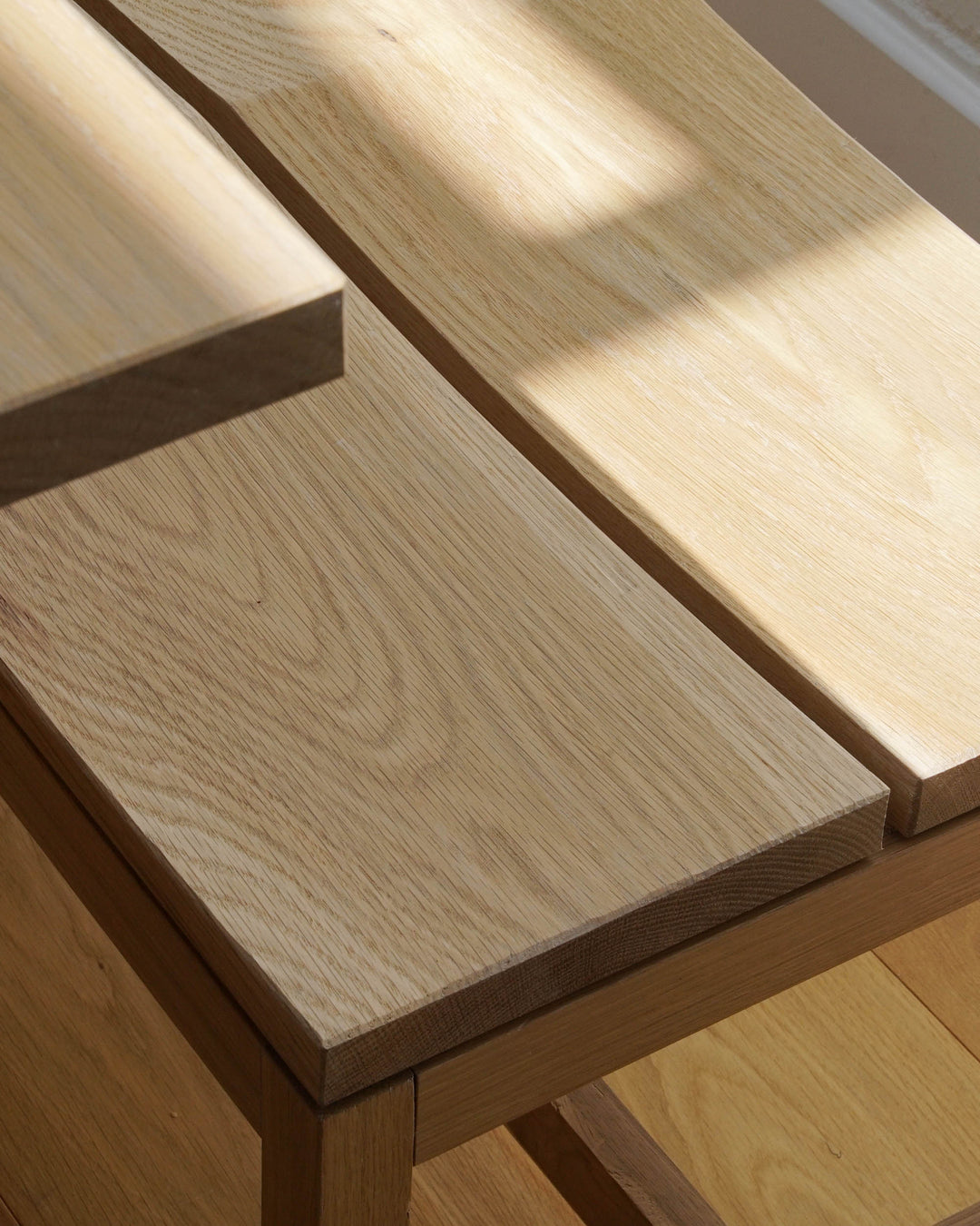 Detail view of a Japanese-style oak bench handcrafted at Goldfinger