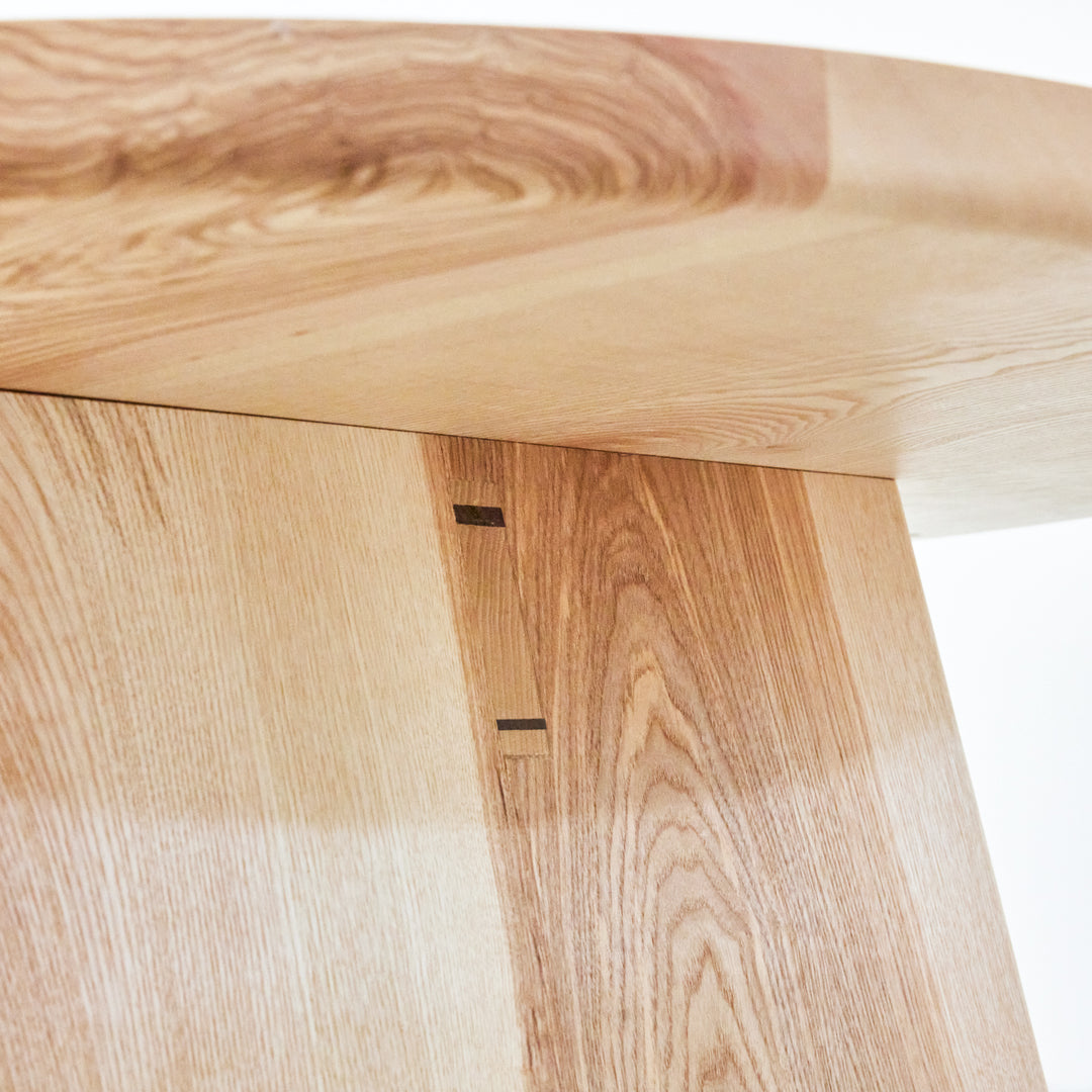 Detail of the joint on the Goldfinger Bower coffee table pair, made from sustainable, handcrafted ash