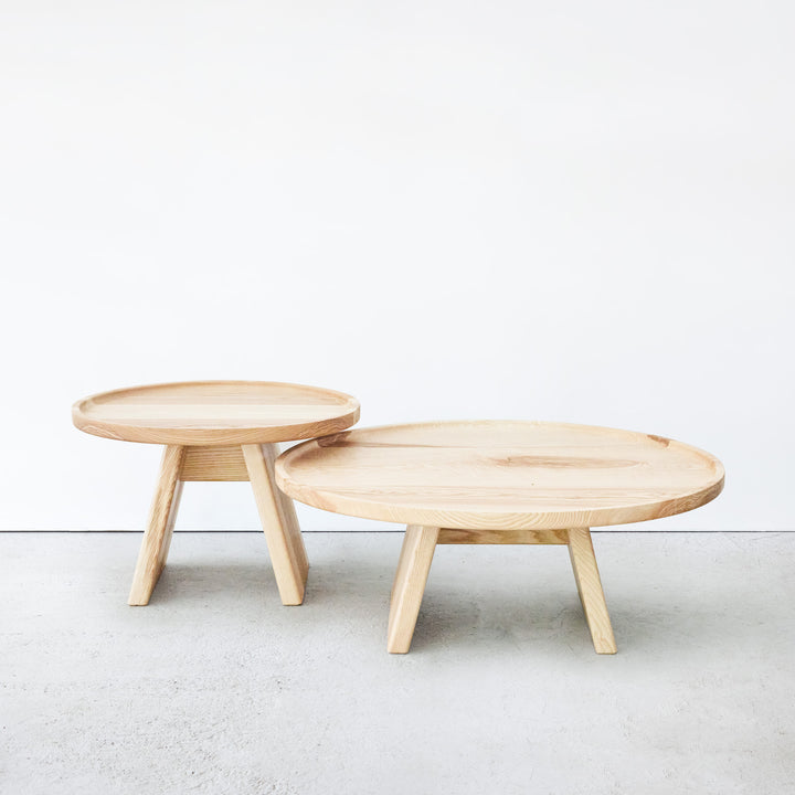 Goldfinger Bower coffee table pair, made from sustainable, handcrafted ash