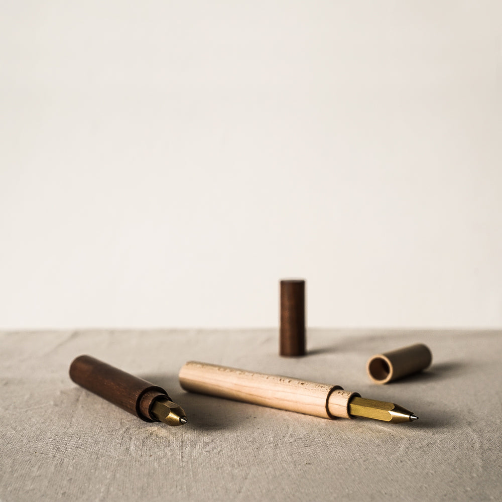 hex pen- handmade- pen- maple- walnut- brass- gift