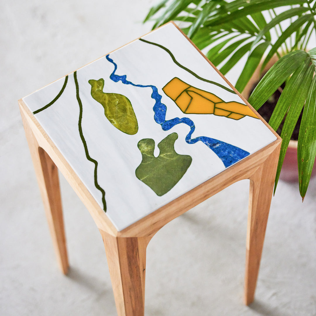 Peshawar Side table - Goldfinger x ISHKAR - Handcrafted Maple - Marble Pietra Dura - Sustainable Furniture