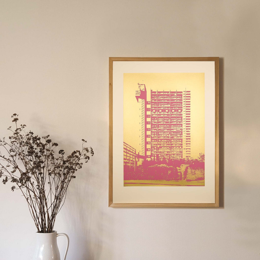 Trellick screen print - gold/pink - medium